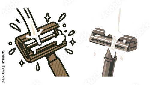 Cartoon razor with soap bubbles and splashes