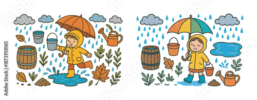 Children playing in rain with umbrellas and raincoats