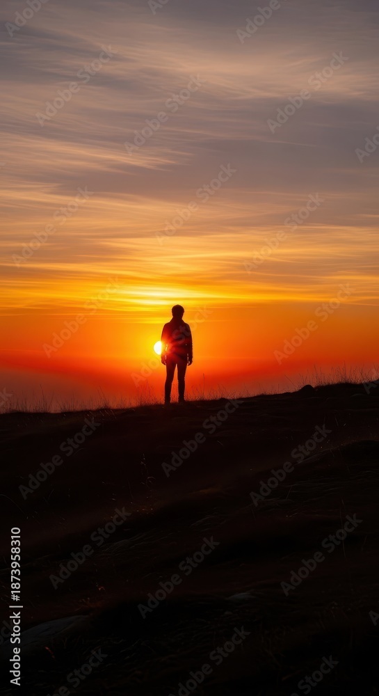 Fototapeta premium Solitary figure stands silhouetted against brilliant orange sunset atop a darkened hillside