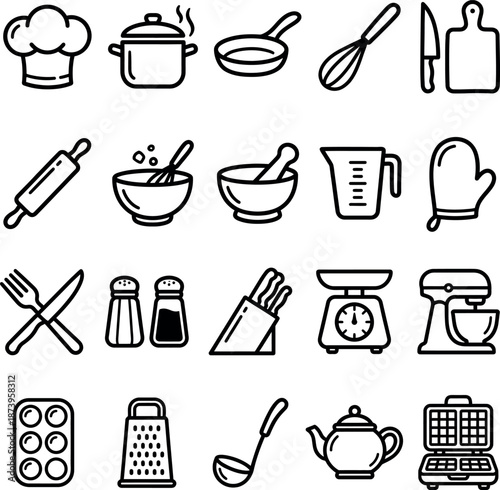 Cooking utensils icons collection featuring kitchen tools for culinary and food design projects - vector illustration