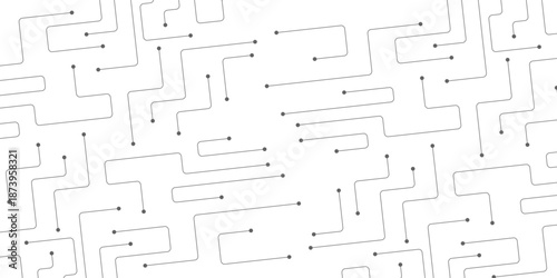 Abstract white technology background with digital circuit lines. Minimalist electronic network pattern. Vector geometric maze texture with connection dots for science banner.