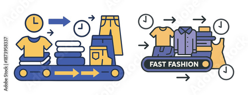 Fast fashion concept with clothing on conveyor belt and time symbols