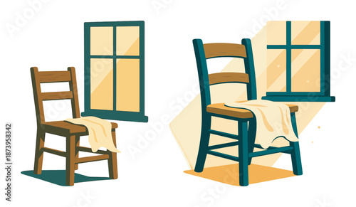 Two wooden chairs in sunlit room with draped yellow fabric