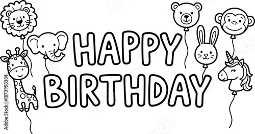 Colorful birthday illustration showing cheerful children with playful animal balloons and smiles - vector illustration