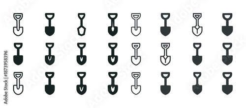 Set of 24 minimalist shovel icons in black and white on a white background