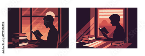 Silhouettes of people reading by the window during sunset