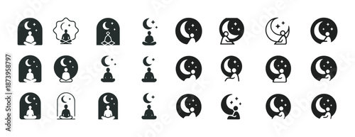 Meditation and moon icons: serene nighttime yoga and relaxation symbols