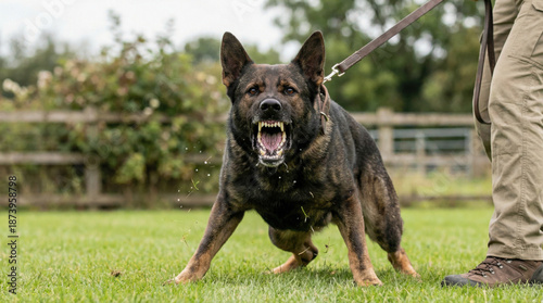 Aggressive German Shepherd dog on a leash baring its teeth and growling fiercely