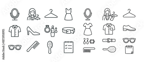 Fashion and beauty icon collection: clothing, accessories, and makeup essentials