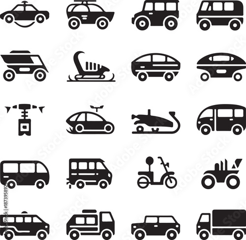 black and white icons of various vehicles on white background