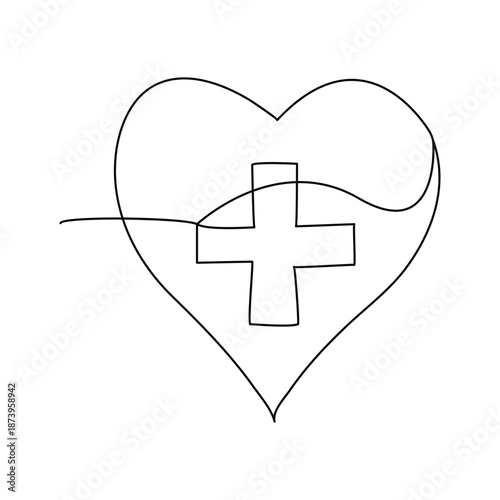 One line drawing of medical first aid icon with heart minimalist healthcare and emergency symbol. Health care World Day medical science research doctor nurse equipment silhouette concept design one sk