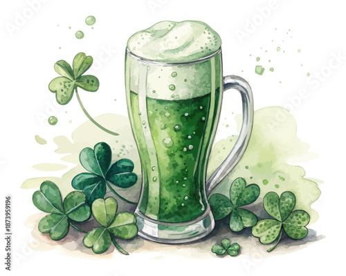 St. Patrick’s Day Watercolor Beer Glass Vector, Irish Party Clipart Isolated on White Background
