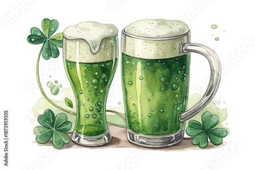 St. Patrick’s Day Watercolor Beer Glass Vector, Irish Party Clipart Isolated on White Background