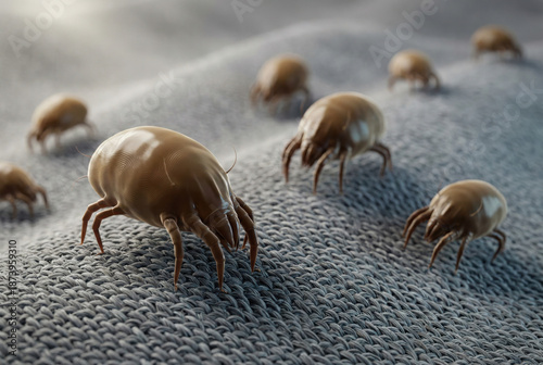 Microscopic dust mites crawling on fabric fibers, a close-up 3D render