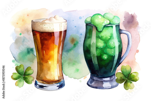 Watercolor Irish Beer Glass, St. Patrick’s Day Drink Illustration Isolated on White