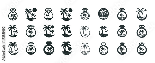 Tropical island icon set with palm trees and sun in black and white