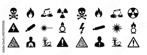 Safety hazard icons: skull, fire, chemical, radiation, laser, explosion, electric danger symbols
