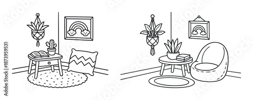 Minimalist cozy corner interior with plants and wall decor in black and white line art
