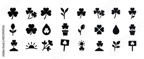Variety of shamrock and clover icons in black silhouette
