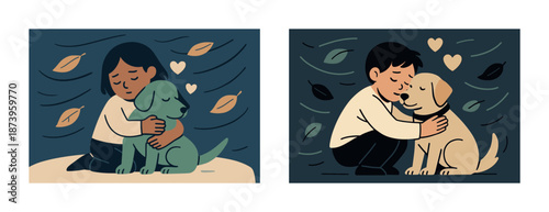 Children and dogs bonding in heartfelt autumn embrace