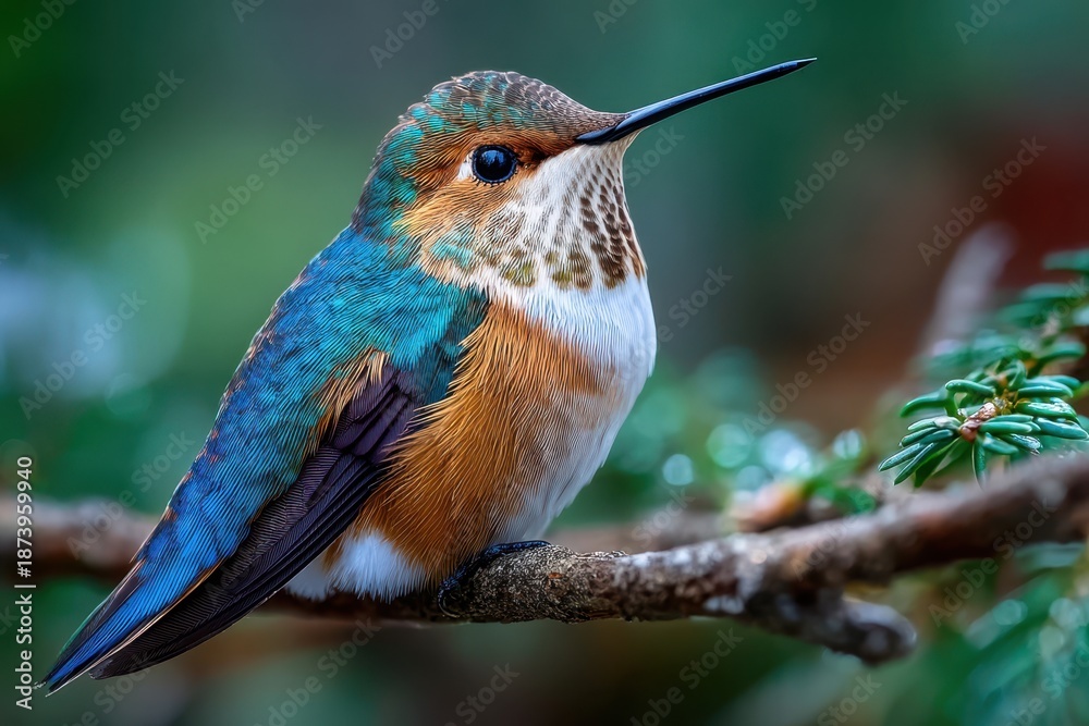 Fototapeta premium Hummingbird Perched on Branch in Green Forest