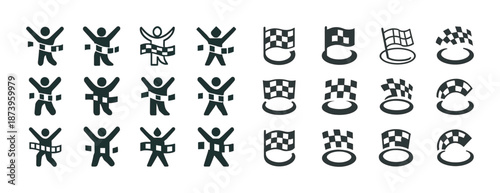 Race finish line and checkered flag icons collection in black and white