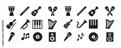 Set of musical instrument icons: drums, flutes, guitars, harps, and more