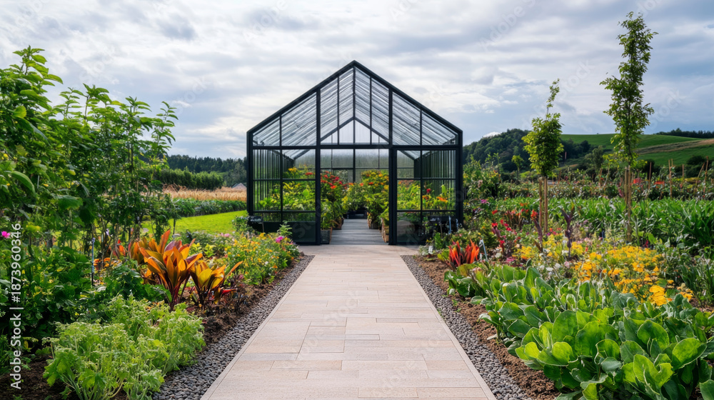 Obraz premium Modern Greenhouse with Lush Garden in Sunlit Landscape