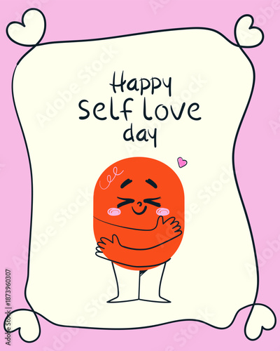 Happy self love card. Cute character shape element with facial expression. Hand drawn vector illustration.