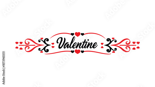 Valentine's day decorative text with hearts and swirls on white background for love and romance greeting cards