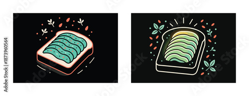 Artistic avocado toast illustrations with decorative elements and vibrant colors