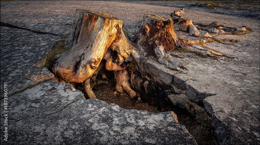 Fototapeta premium underground. Ancient tree roots glowing beneath a cracked island surface, resembling buried lightning. ESG reports.