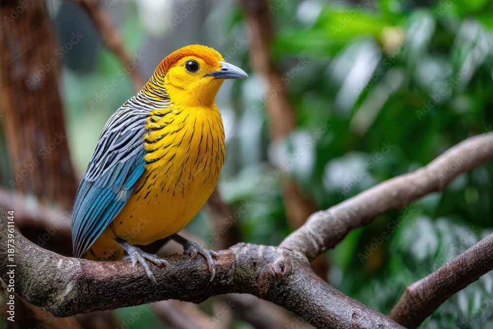 Obraz premium Vibrant Golden Bird Perched on Branch