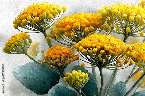 Close-up of Vibrant Yellow Flower Clusters with Green Leaves flowers floral