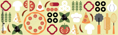 Pizza mosaic seamless pattern, flat design, pizza ingredients and slices, abstract geometric design of Italian pizzeria