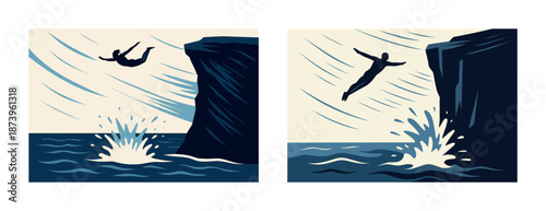 Silhouettes of cliff divers in action against a stylized oceanic backdrop