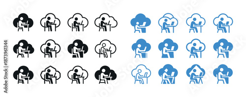 Collection of computer work icons depicting people with cloud and house backgrounds