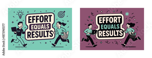 Motivated individuals running with laptops and baskets - effort equals results illustration