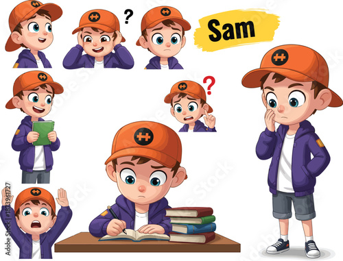Cartoon boy with orange hat and purple jacket in various poses