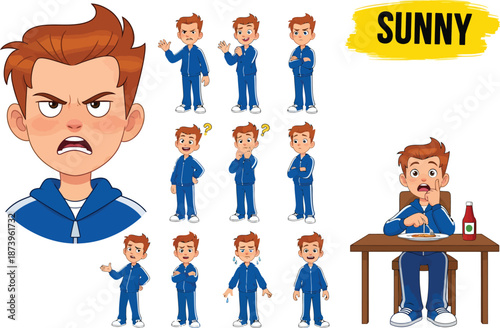Cartoon boy character with various expressions and poses