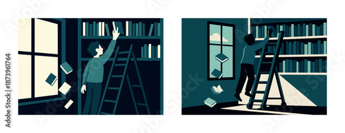 Illustrated young male reaching books on ladder in library scene