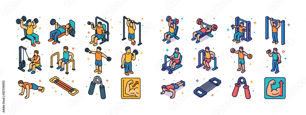 Fototapeta premium Colorful fitness icons: diverse exercise routines and equipment illustrated