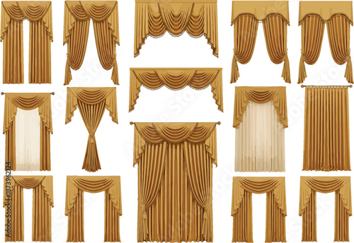 Collection of various gold curtain and drapery styles and designs