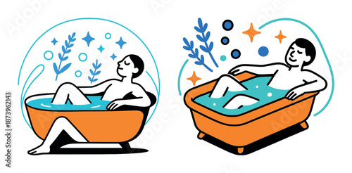 Relaxing caucasian male adults in bathtubs with bubbles and plants