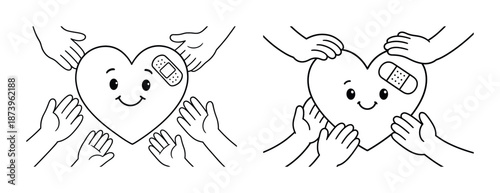 Hands comforting smiling heart with bandages cartoon