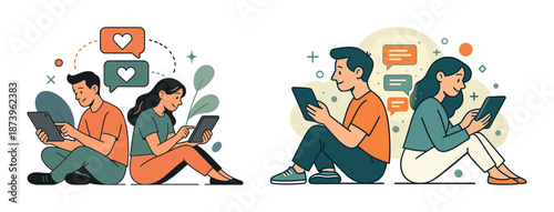 Young caucasian couple engaging in digital communication on tablets