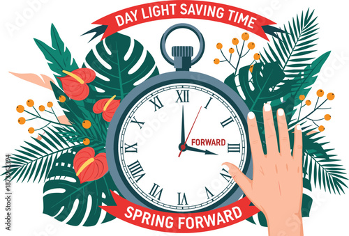 Artistic tropical vector illustration for Daylight Saving Time featuring a vintage pocket watch among monstera and anthurium leaves.