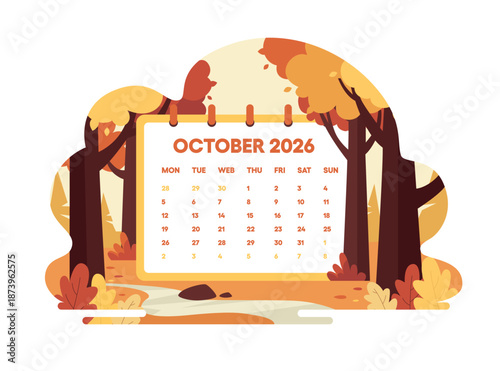 October 2026 calendar page vector illustration. Beautiful autumn forest landscape with orange trees and a path. Golden fall season nature concept