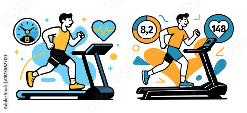 Young caucasian male running on treadmill with heart rate and performance metrics