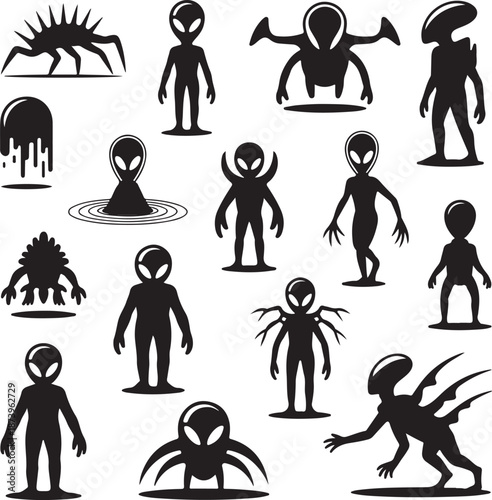 black silhouette alien characters and monsters on white background